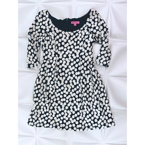 Betsey Johnson Sz 6 Black Ivory Knit Polka Dot Fit and Flare Dress Pinup Retro s - Picture 1 of 7